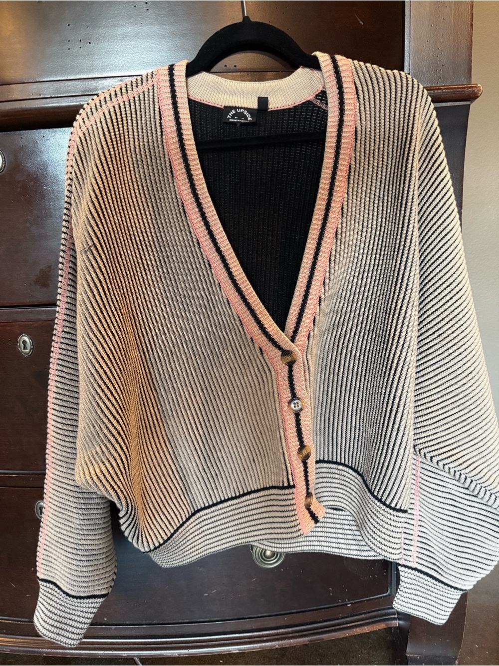 The Upside Nirvana Jessi Pink-Trim Black & Cream Ribbed V-Neck Button Cardigan